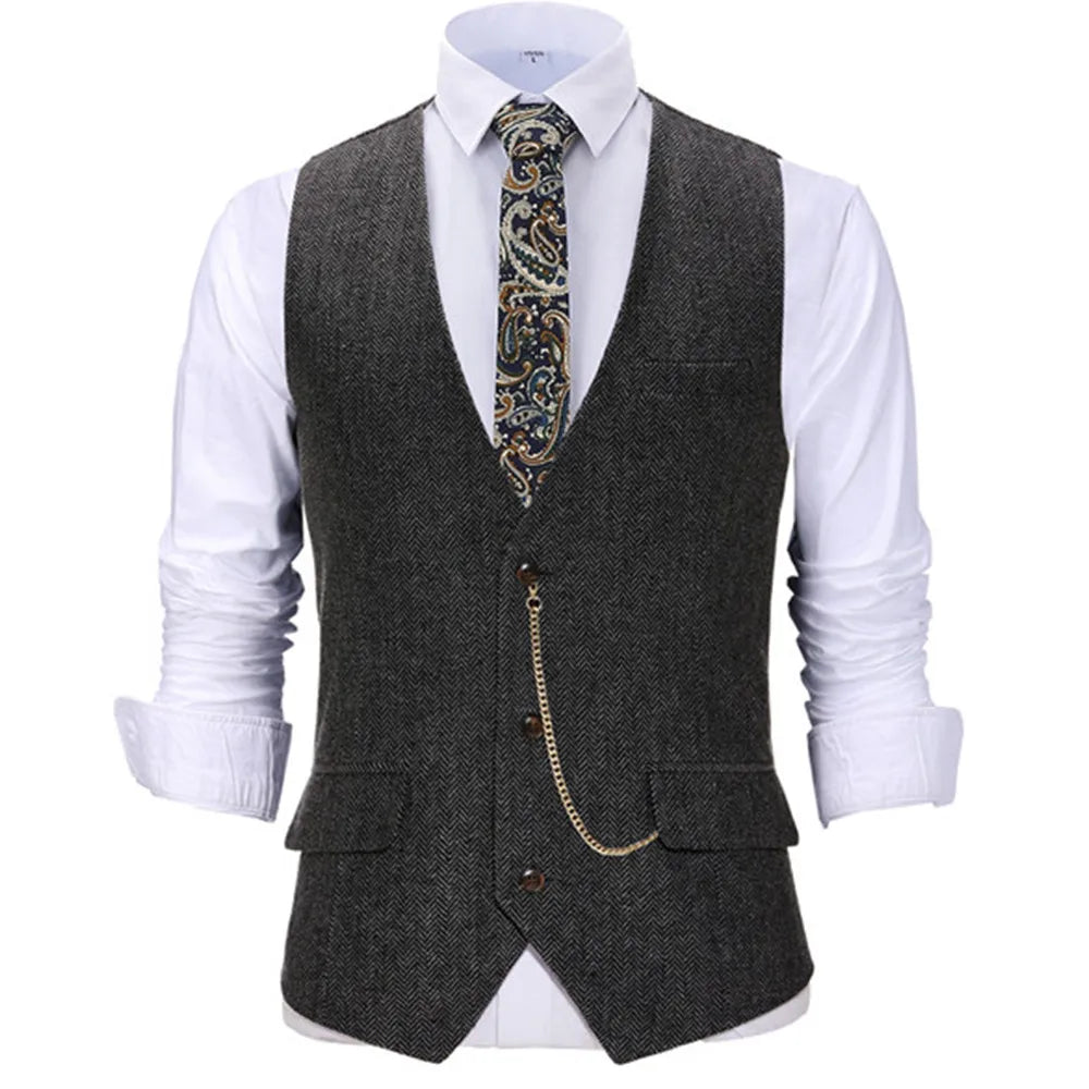 Men's Suit Vest V Neck Wool Herringbone Tweed Casual Waistcoat Formal Business Vest Groomman For Green/Black/Brown/Coffee