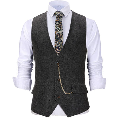 Men's Suit Vest V Neck Wool Herringbone Tweed Casual Waistcoat Formal Business Vest Groomman For Green/Black/Brown/Coffee