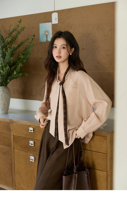Women's Dusty Pink Shirts Spring Plaid Tie Neck Loose Casual Shirt 100 Lyocell Lantern Sleeve Top Office Lady MXF108C0817