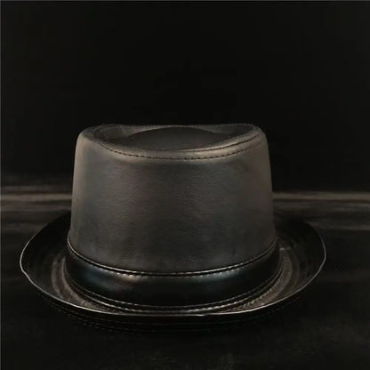 Men and Women Black Leather Fedora Hat Vintage Style Jazz Hat for Autumn & Winter Fashion, Handmade Trilby Hat