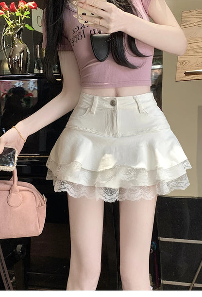 2025 Summer Mini Y2K Denim Skirt Women Fashion Streetwear Ruffles Kawaii Lace Skirts Shorts Preppy School Pleated Jeans Skirt