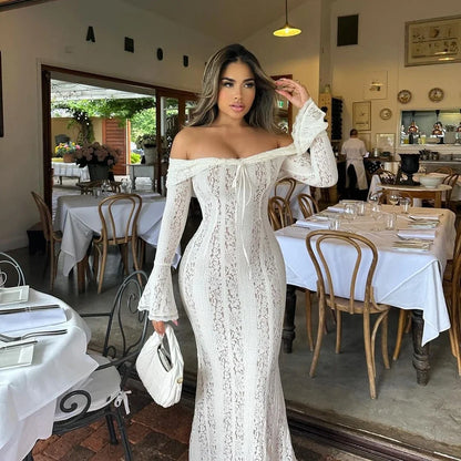 Elegant Off The Shoulder Bodycon Dress 2024 New in White Flare Sleeve Lace Maxi Dress Wedding Guest Dress for Women