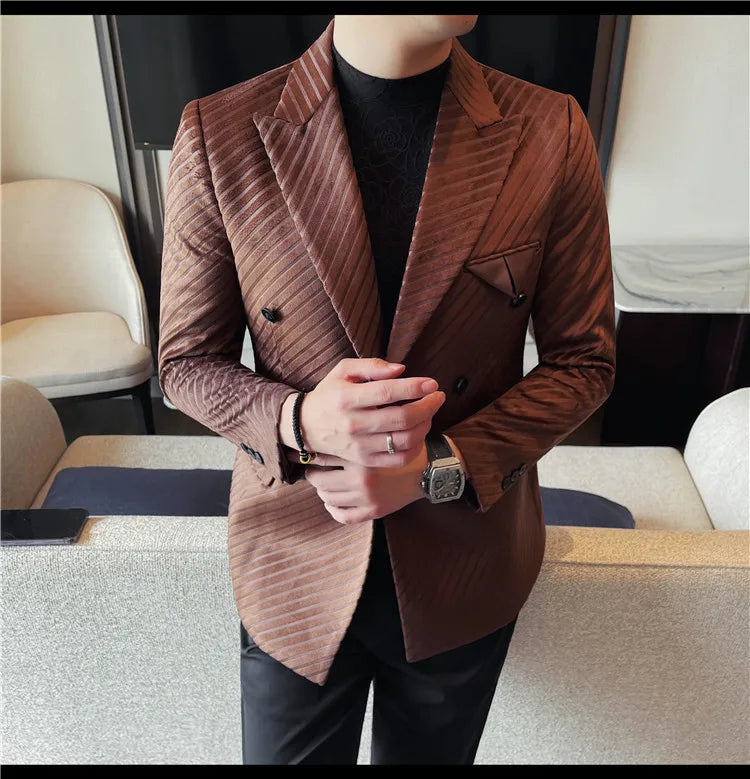 British Style Luxury Men Double Breasted Twill Suit Jacket High Quality Fashion Business Slim Fit Groom Social Party Suit Dress