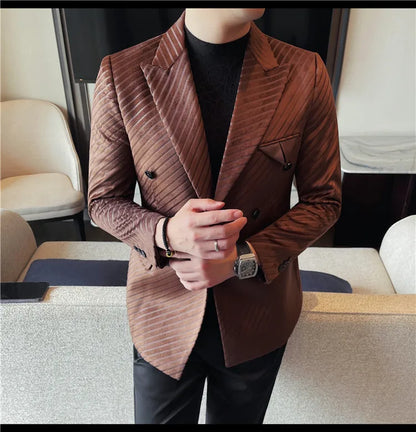 British Style Luxury Men Double Breasted Twill Suit Jacket High Quality Fashion Business Slim Fit Groom Social Party Suit Dress