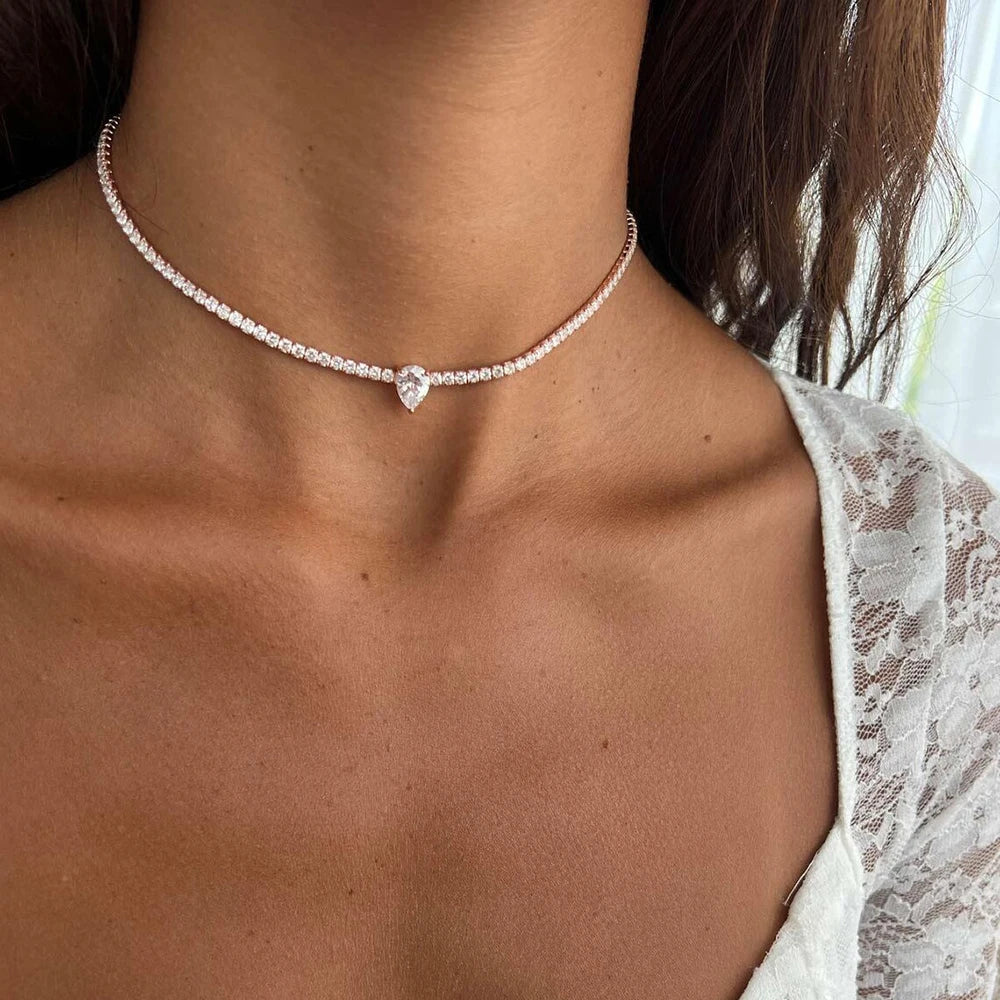 Certified Full Moissanite Riviera Tennis Necklace with Waterdrop Diamond Pendant for Women 925 Sterling Silver Adjustable Choker