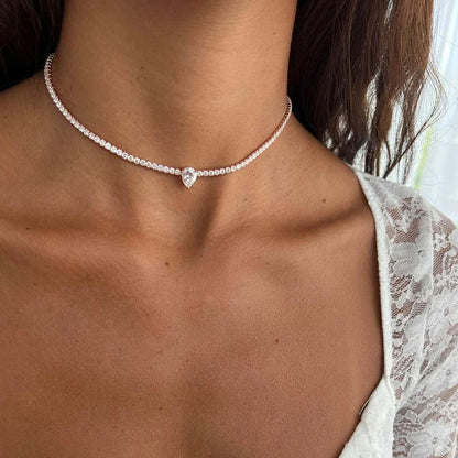 Certified Full Moissanite Riviera Tennis Necklace with Waterdrop Diamond Pendant for Women 925 Sterling Silver Adjustable Choker