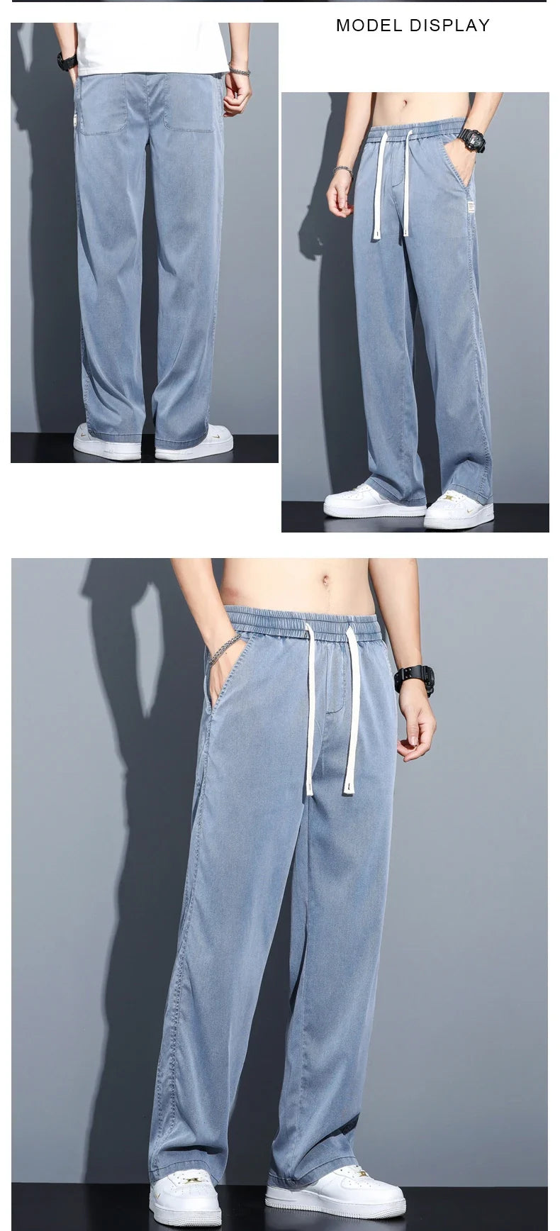 Summer Soft Lyocell Fabric Thin Loose Straight Pants Drawstring Elastic Waist Korea Casual Trousers Men's Jeans Plus Size M-5XL