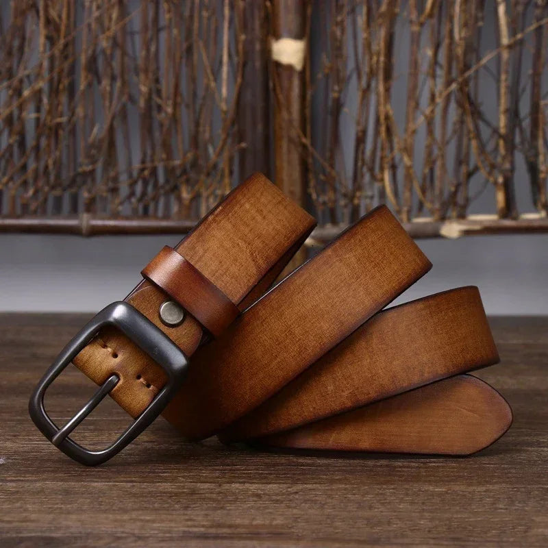 3.3CM Pure Cowhide Genuine Leather for Men's High Quality Jeans Brass Buckle Belts Cowboy Waistband Male Fashion Designer