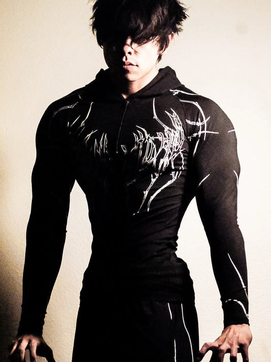 2026 Spring Summer New Men's Black Hooded Sports Compression Long Sleeve Shadow Style Street Subcultural Style