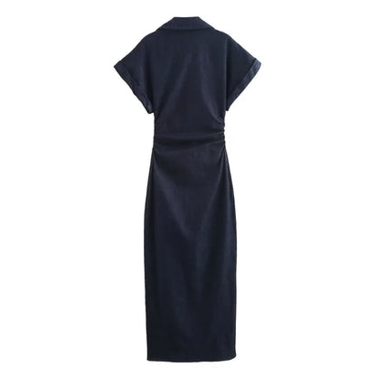 2025  Spring New 1975 series denim MIDI dress with lapel side zipper fashion wrinkle waist slim elegant dress