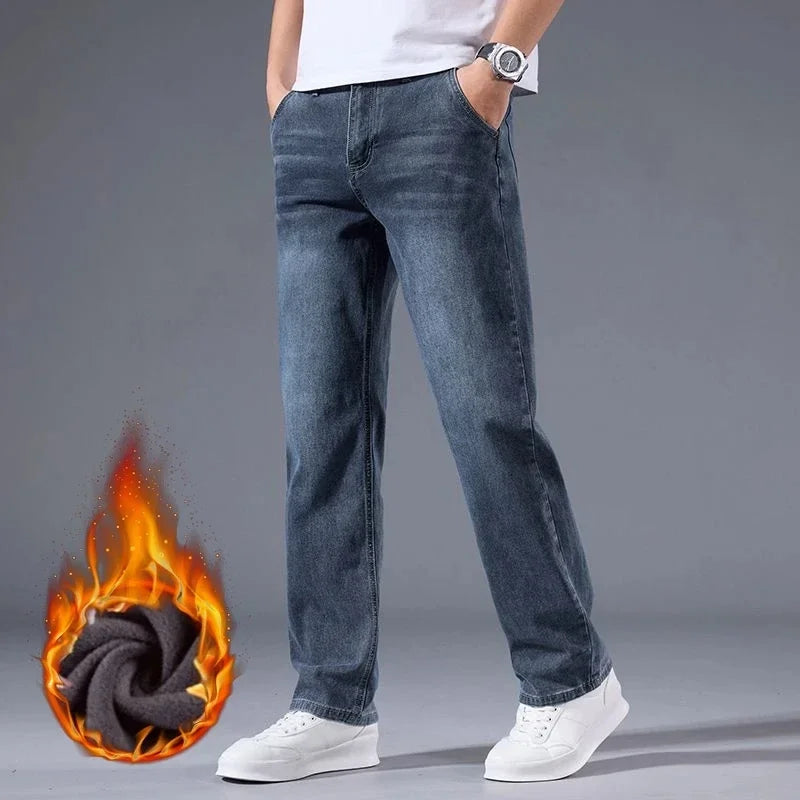 Winter Fleece Men Jeans Thick Stretch Business Casual Trousers Classic Loose Straight Warm Velvet Denim Pants Office Daily Wear