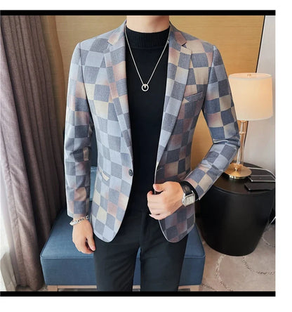 British Style Luxury Plaid Suit Jacket 2025 Spring New Men High-end Business Slim Blazers Groom Wedding Social Party Dress Coats