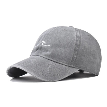 Washed Cotton Wave Embroidered Baseball Cap Unisex Adjustable Dad Hat Casual Retro Style Cap for Men Women Daily Street Wear