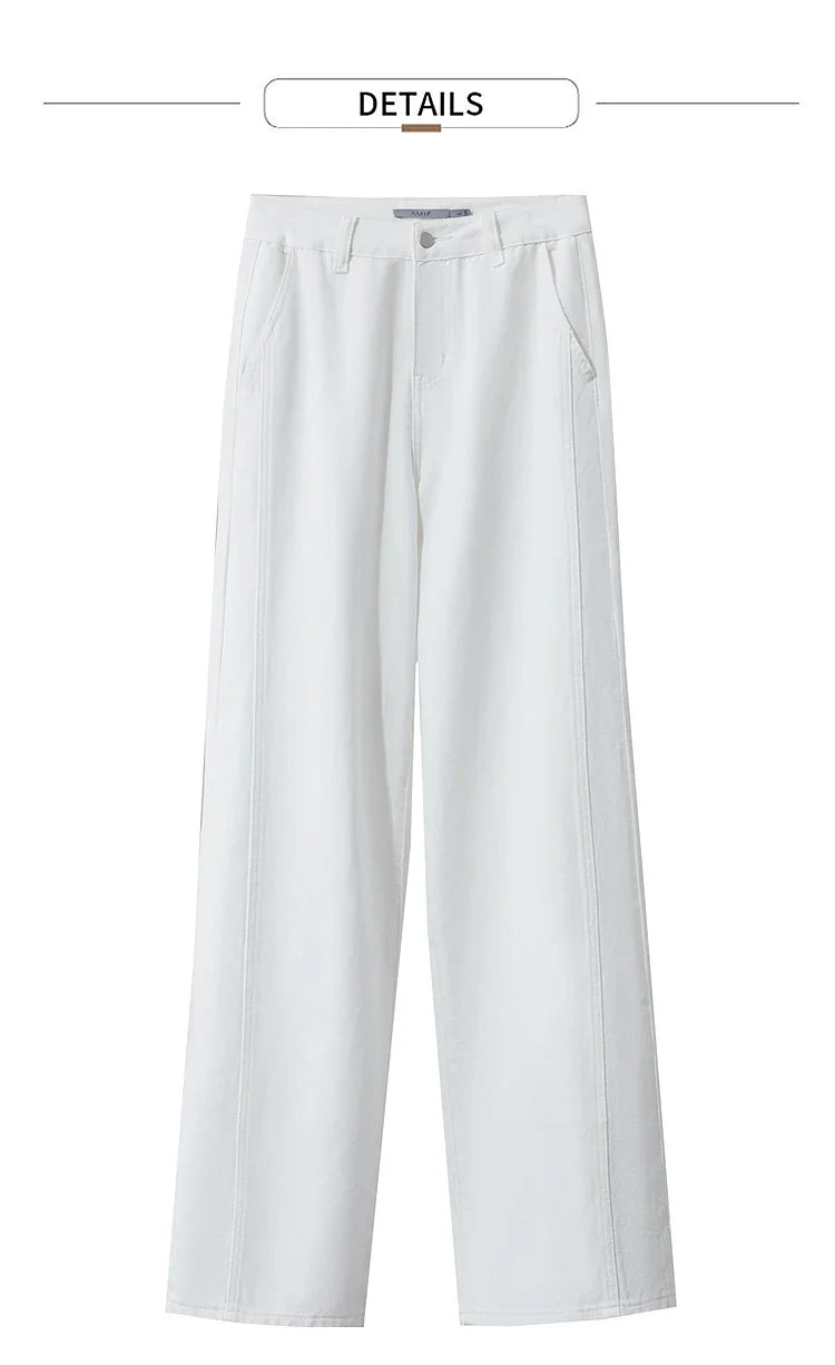 Women's Jeans Minimalist 2025 Summer New Style Solid Color Commuting Black Beige Wide Leg Cotton Denim Long Pants 12552012