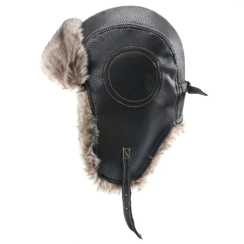 Men Winter Bomber Hat With Goggles Outdoor Motorcycle Windproof Warm Faux Fur Pilot Earflap Hat Leather Thermal Ushanka