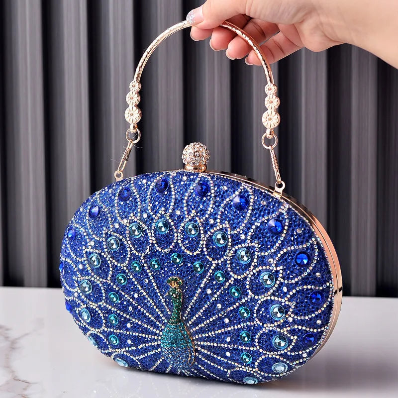 New Peacock Pattern Handbags Diamond Evening Bags for Women 2024 Fashion Luxury Evening Clutch and Purse Rhinestone Shoulder Bag