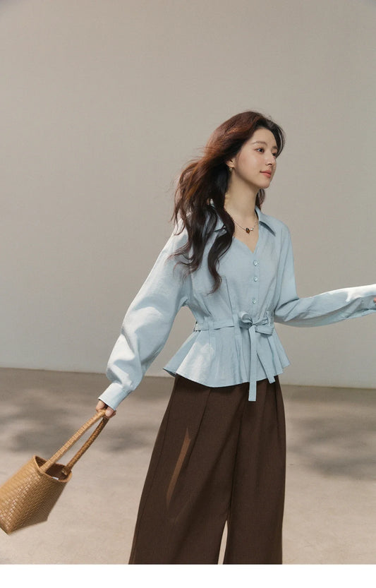 Women's Light Blue Lyocell Shirt 2026 Spring Polo Neck V-neck Belted Waist Shirt Casual Peplum Long Sleeve Top MXF13C2437