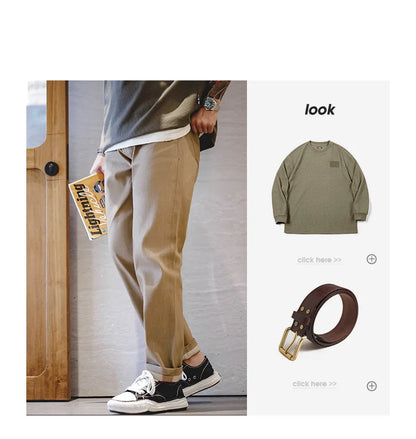 Men Khaki Raw Jeans 11.7OZ Redline Selvedge Denim Jeans Amekaji Straight Pants Male Casual Trousers Hombre Solid Pants