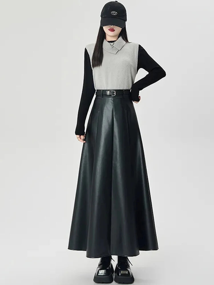 Vintage PU leather women midi skirts Y2K Autumn high waist Streetwear with belt pleated Skirt female elegant Solid A line skirts