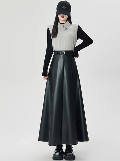Vintage PU leather women midi skirts Y2K Autumn high waist Streetwear with belt pleated Skirt female elegant Solid A line skirts