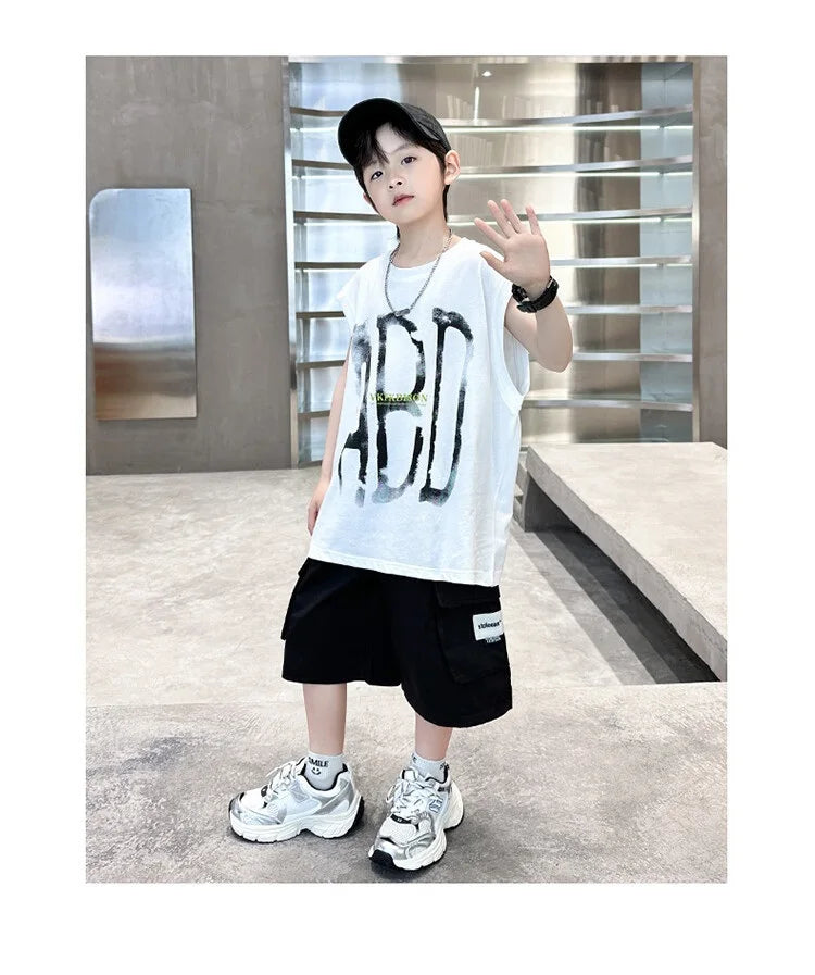 Summer Boys Cotton Sleeveless Alphabet T-Shirt Tops+Shorts Workout Sets School Kids 2PCS Tracksuit Child Jogging Outfits 5-16 Yr