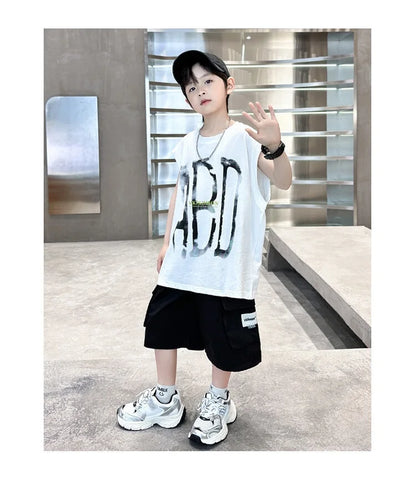 Summer Boys Cotton Sleeveless Alphabet T-Shirt Tops+Shorts Workout Sets School Kids 2PCS Tracksuit Child Jogging Outfits 5-16 Yr