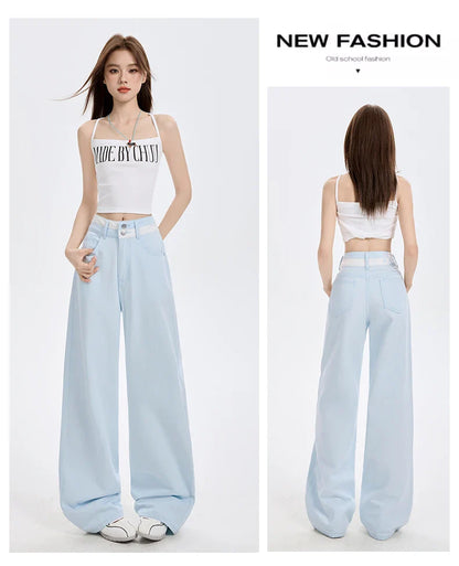 Loose Casual Wide Leg Denim Pants Summer New Thin 100% Cotton Women's High Waist Y2K Contrast Stitching All Match Baggy Jeans