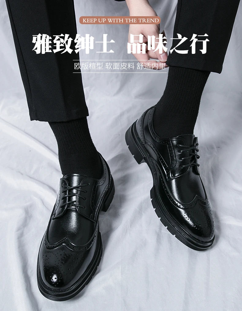 Men's Leather Brogue Oxford Dress Shoes Formal Business Handmade Classic 2026 Brown Black Chaussure Homme