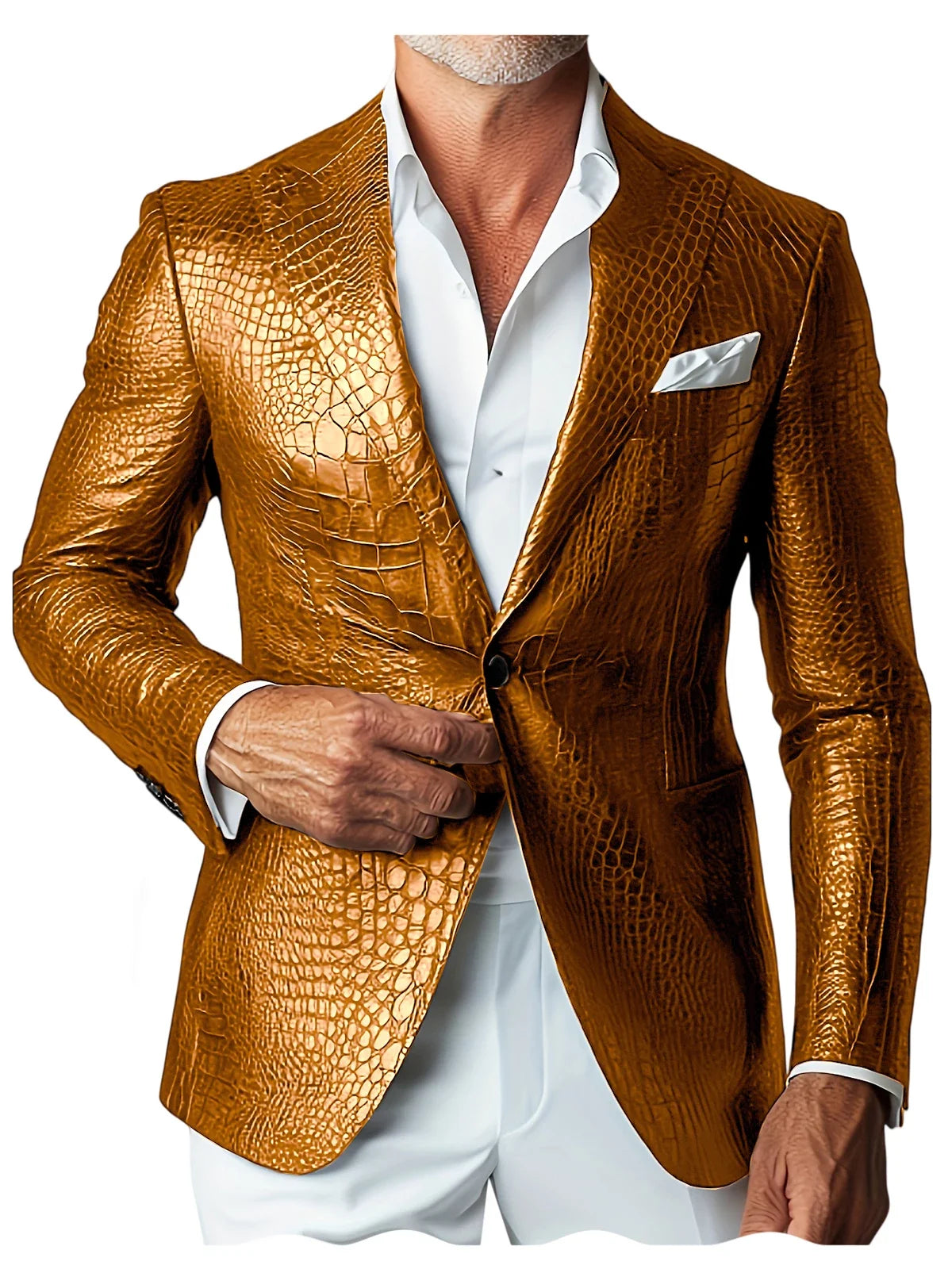 Luxury Men's Crocodile Embossed Leather Blazer Notch Lapel Suit Fit 1 Button Jacket Shiny Croc Print Formal Business Party Coat