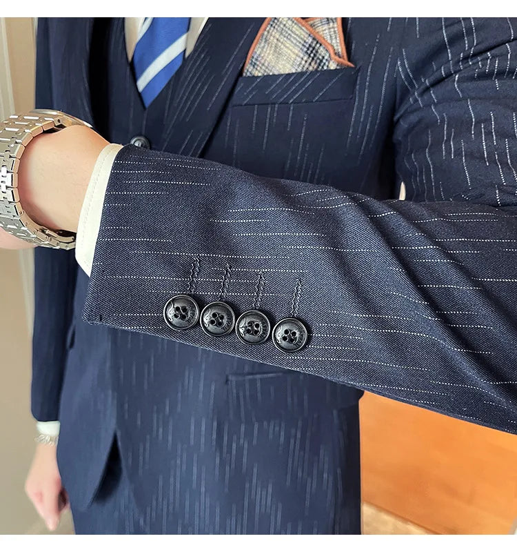 ( Blazer + Vest + Pants ) High-end Formal Casual Business Striped Fashion Men's 3 Piece Suit Groom Wedding Dress Suit
