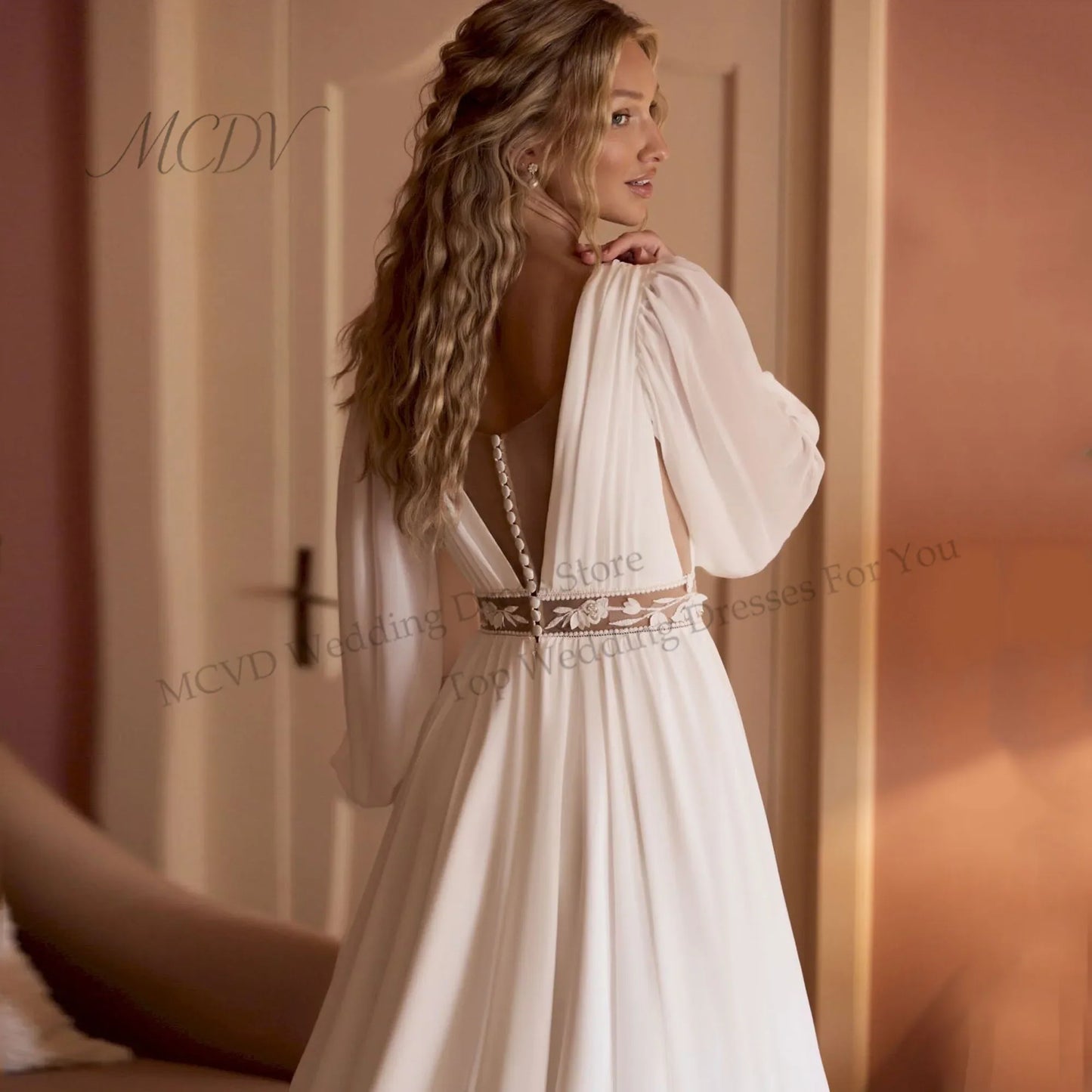 Bohemian Chiffon Wedding Dress Long Puff Sleeves Scoop Lace Waist A-Line Civil Bridal Gown Backless High Slit Customized