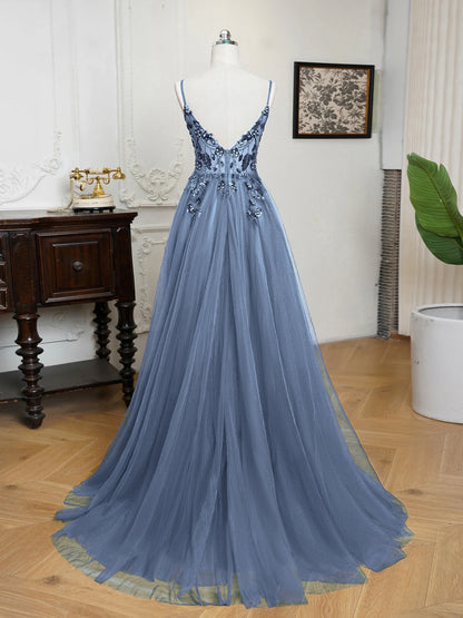 Sling Evening Dresses Sexy Spaghetti Straps V-Neck Illusion Sequins Appliques Prom Dress A-Line Train High Split Gowns