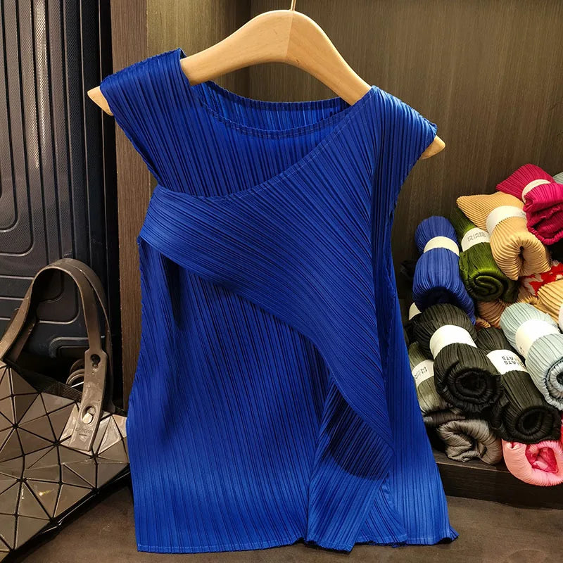 Sleeveless T-shirt Miyake Pleated Summer New Round Neck Slim Thin Versatile Irregular Women's Undershirt Tops Multiple Ways Wear
