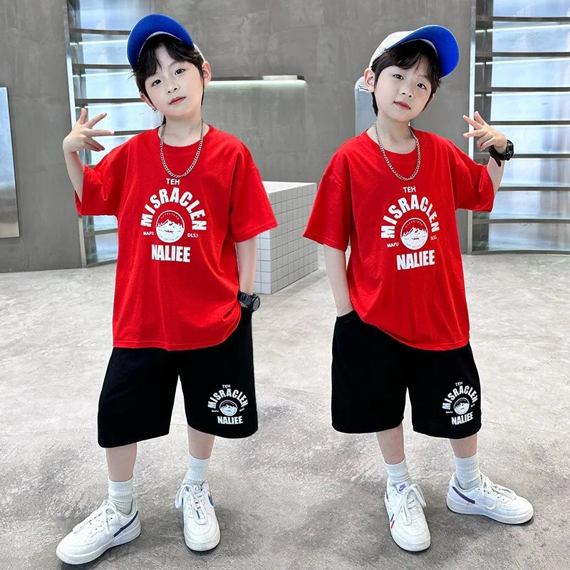 Summer Boys Cotton Leisure Print T-Shirt Top+Shorts Pant Contrast Set School Kids 2PCS Tracksuit Children Vacation Outfit 5-16Yr