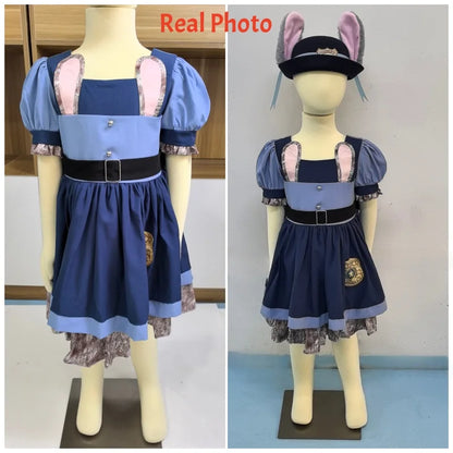 Zoo Rabbit Judy Cosplay Costume Girls Police Officer Bunny Dress with Belt For Carnival Party Role Play Movie Uniform Birthday