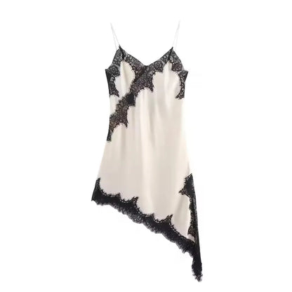 Satin Asymmetric Patchwork Lace Sexy Dress Women Elegant Sling Backless Split Black Dress Female Party Club Dress Streetwear