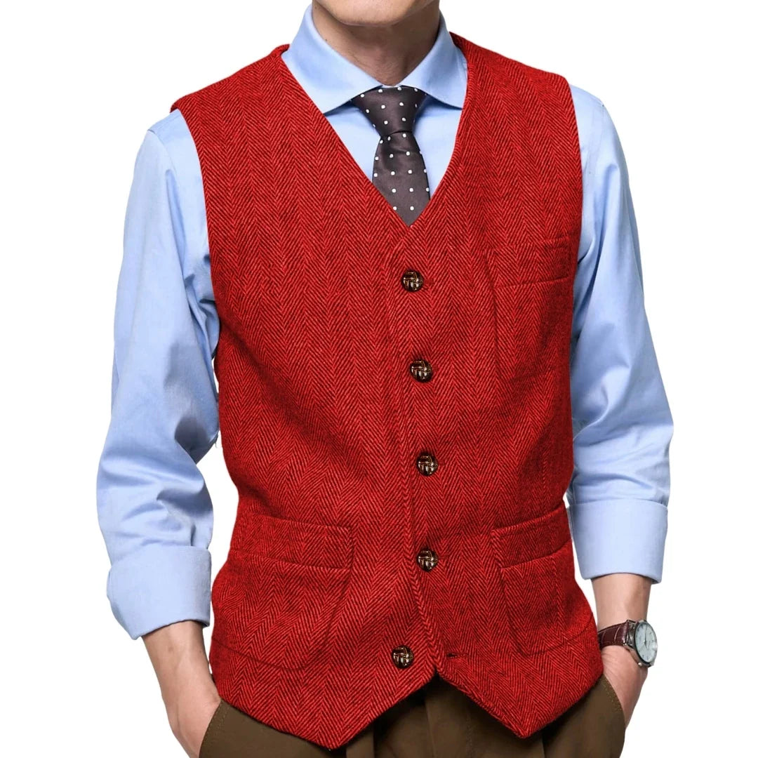 Men Vest Gray Herringbone Single Button With Pocket Waistcoat For Wedding Party Business Work Office Daily Casual Men Suit Vest