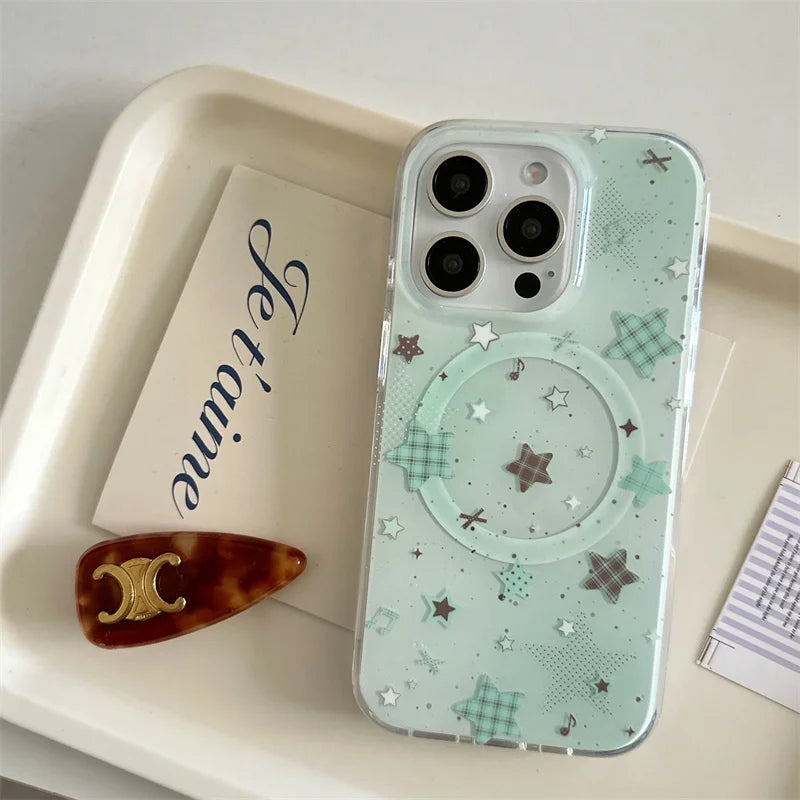 Fashion Mint Green Polka Dot Star Magnetic Stand Phone Case For iPhone 17 16 Pro 15 14 Pro Max Cover For Magsafe Cases Cute Capa