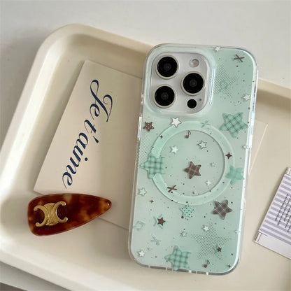 Fashion Mint Green Polka Dot Star Magnetic Stand Phone Case For iPhone 17 16 Pro 15 14 Pro Max Cover For Magsafe Cases Cute Capa