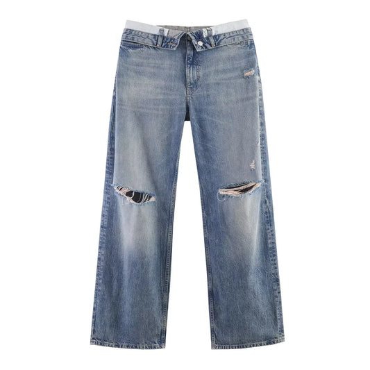 Casual Women Long Jeans Summer Female Chic Ripped Holes Denim Fashion Mid Waist Flanging Button Streetwear Pants Trousers