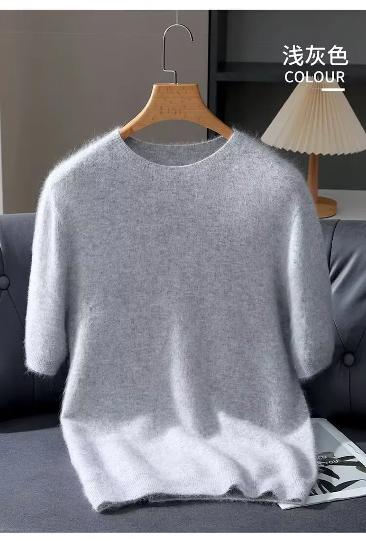 100% Mink Cashmere Knitted Short Sleeved Men's Loose Round Neck Solid Color Half Sleeved Simple T-Shirt Casual Business Cashmere