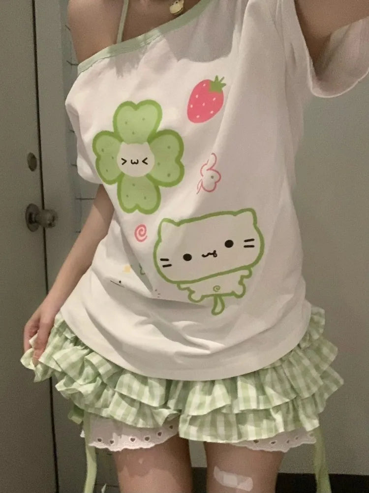Ezgaga Harajuku T Shirts Women Cartoon Sweet Diagonal Collar Short Sleeve Off Shoulder Funny Tops Female Y2k Ladies Tshirts