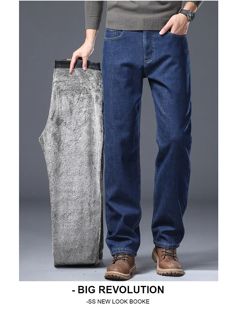 Men's Fleece Lined Thicken Jeans Winter Warm Stretch Slim Fit Denim Pants Comfortable Soft Trousers for Daily Work Wear Clothing