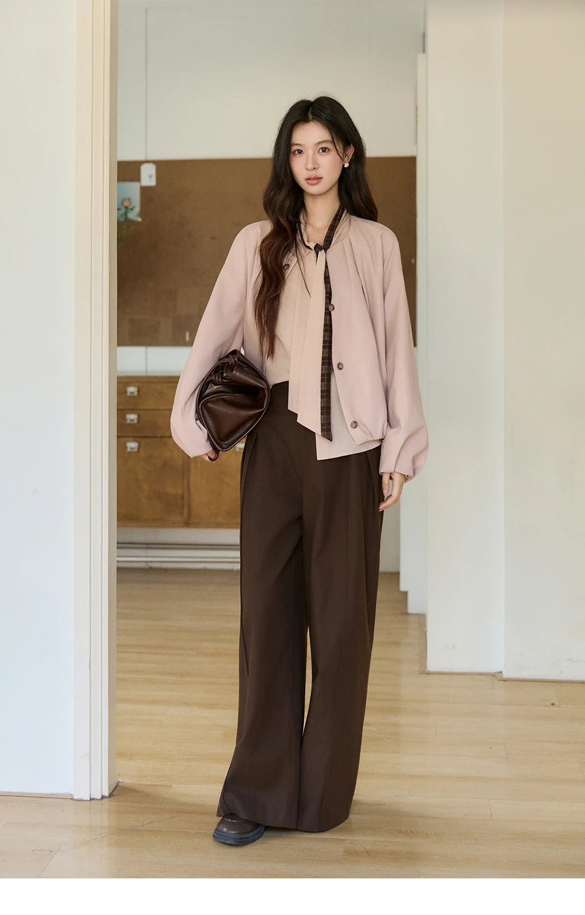 Women's Dusty Pink Shirts Spring Plaid Tie Neck Loose Casual Shirt 100 Lyocell Lantern Sleeve Top Office Lady MXF108C0817