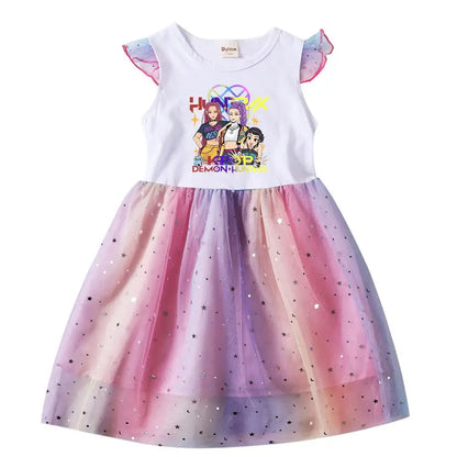 K-Pop Hunters Rumi Baby Girls Dress Children Cartoon Mesh Star Sequins Princess Dress Kids Flying Sleeve Skirt For Birthday Gift