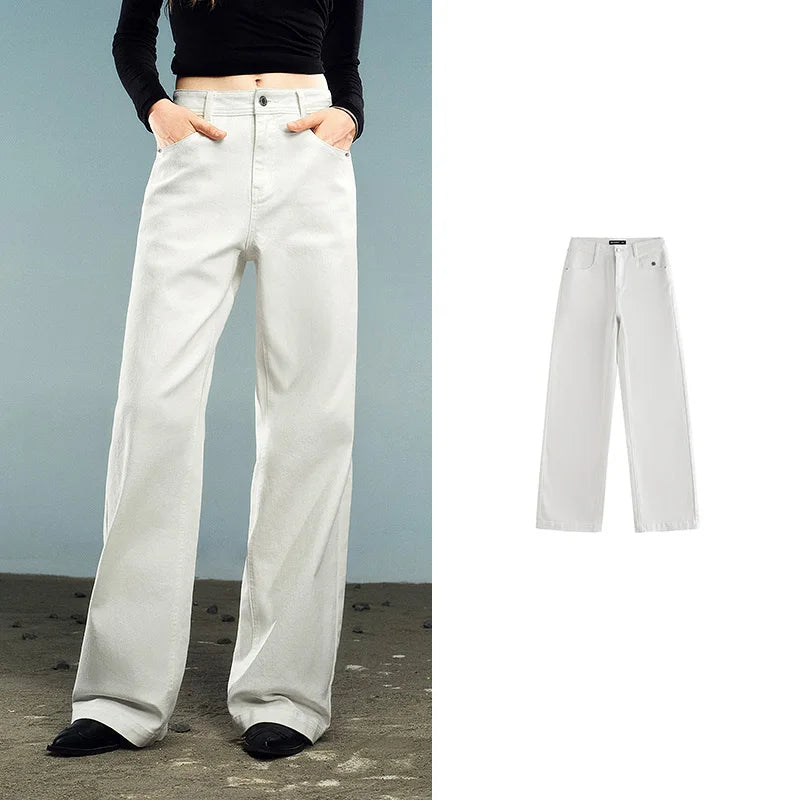 Women Denim Jeans 2025 Autumn New Lycra Stretch Washed Wide Leg Straight Long Pants