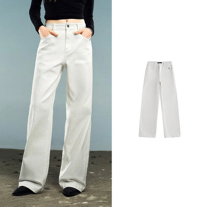 Women Denim Jeans 2025 Autumn New Lycra Stretch Washed Wide Leg Straight Long Pants