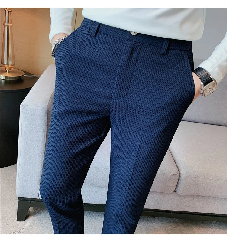 2024 Autumn New Waffle Stretch Waist Business Formal Pants Men Fashion Wedding Slim Trouser Mens Brand Social Party Suit Pants