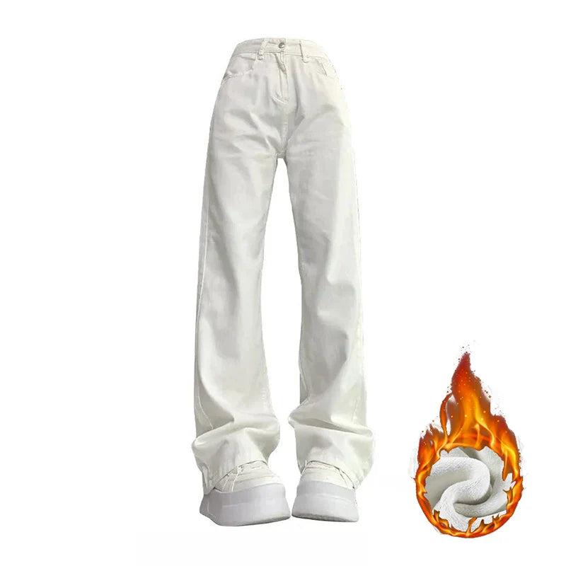 Winter Girls Thermal Fleece High Waist Jeans Lady Snow Warm Plush Denim Pants Women Classic Fashion Straight Leg Trousers