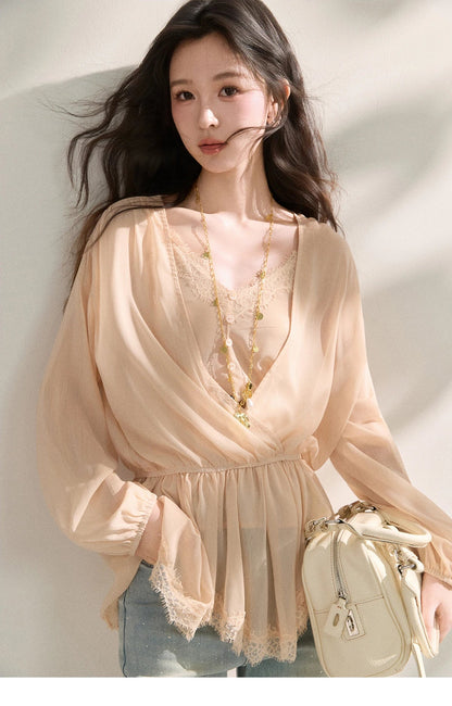 Women's French Style Beige Sheer Chiffon Blouse V Neck Lace Trim Elastic Waist Peplum Top For Spring Summer MXF16T1588